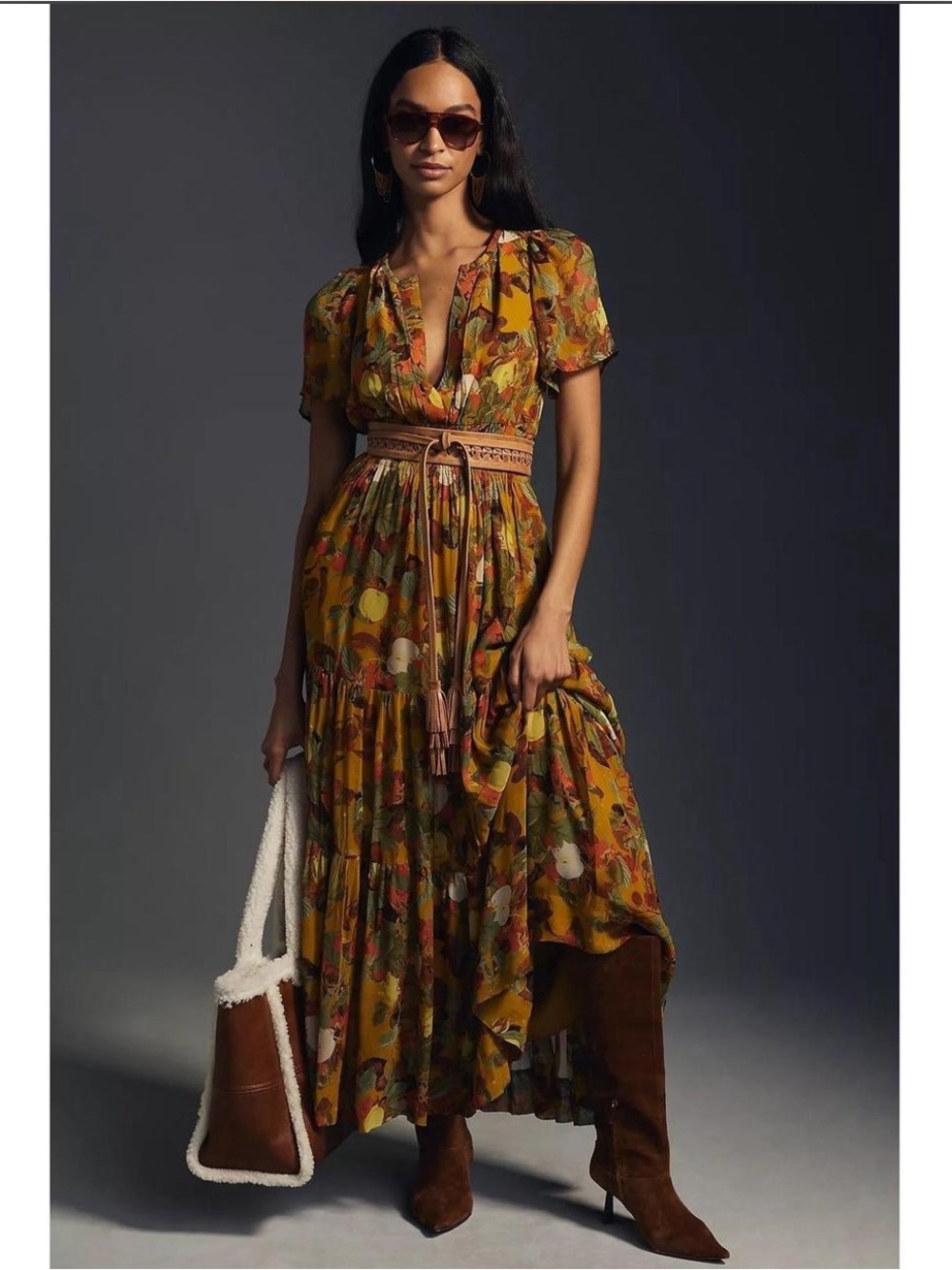 Anthropologie Yellow Fruit Print Smocked Waist Tiered Dress, Size XL